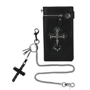 5877 Leather Wallet with Skull Cross Chain Biker Trucker Wallet Black